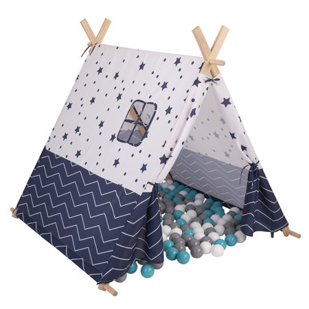 Play Tent for Kids with Balls Carrying Case Teepee, Dark Blue-Stars:  Grey/ White/ Turquoise 