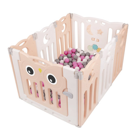 Playpen Box Foldable for Children with Plastic Colourful Balls, White-Pink: Grey/ White/ Pink