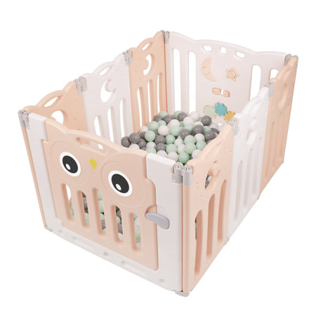 Playpen Box Foldable for Children with Plastic Colourful Balls, White-Pink: White/ Grey/ Mint