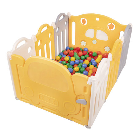 Playpen Box Foldable for Children with Plastic Colourful Balls, White-Yellow: Yellow/ Green/ Blue/ Red/ Orange