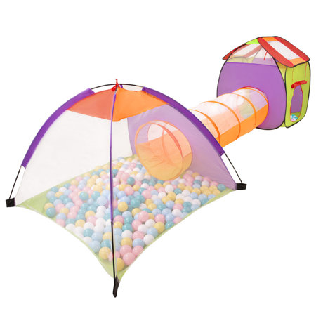 Selonis 3in1 Play Tent with Tunnel Playground Ball Pit with Balls for Kids, Multicolour:white/yellow/babyblue/ powder pink/turquoise