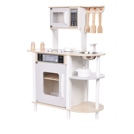 Wooden Kitchen Play Set for Children, Pretend Cooking Toy, Natural/ Grey