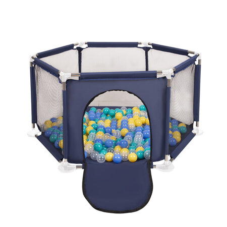 hexagon 6 side play pen with plastic balls, Blue: Turquoise/ Blue/ Yellow/ Transparent