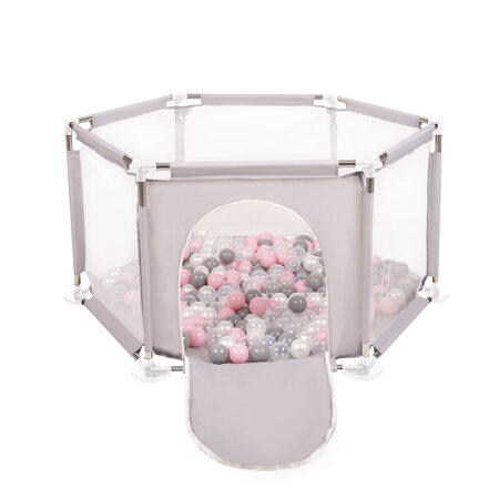 hexagon 6 side play pen with plastic balls, Grey: Pearl/ Grey/ Transparent/ Powder Pink