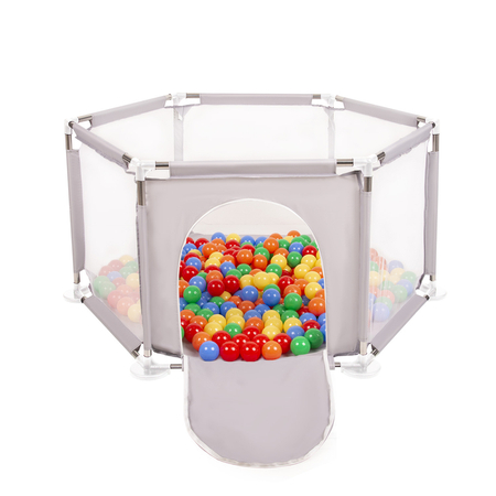 hexagon 6 side play pen with plastic balls, Grey: Yellow/ Green/ Blue/ Red/ Orange