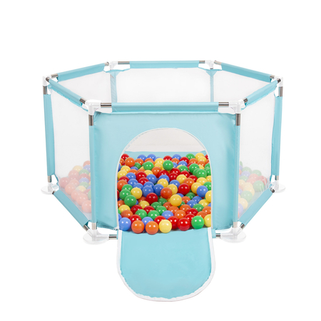 hexagon 6 side play pen with plastic balls, Mint: Yellow/ Green/ Blue/ Red/ Orange