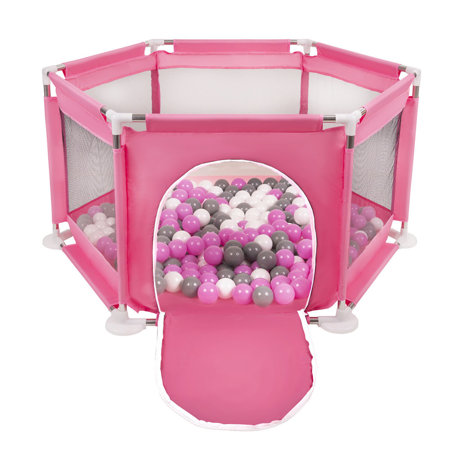 hexagon 6 side play pen with plastic balls, Pink: Grey/ White/ Pink