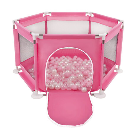 hexagon 6 side play pen with plastic balls, Pink: Powder Pink/ Pearl/ Transparent