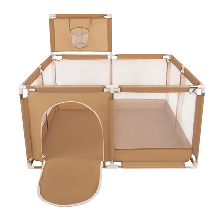 square play pen filled with plastic balls basketball, Beige