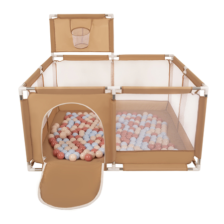 square play pen filled with plastic balls basketball, Beige: Pastel Beige/ Pastel Blue/ Salmon Pink