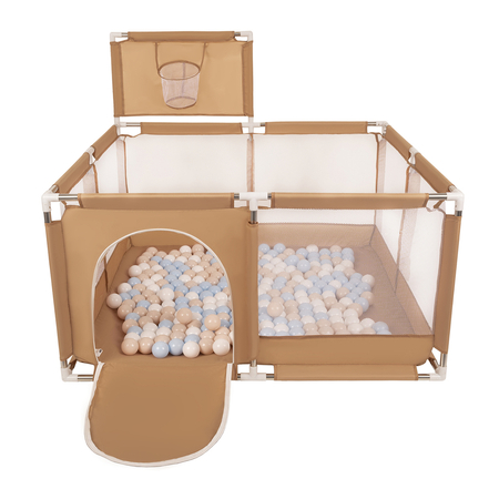 square play pen filled with plastic balls basketball, Beige: Pastel Beige/ Pastel Blue/ White