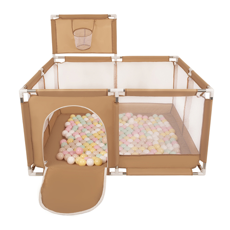 square play pen filled with plastic balls basketball, Beige: Pastel Beige/ Pastel Yellow/ White/ Mint/ Light Pink