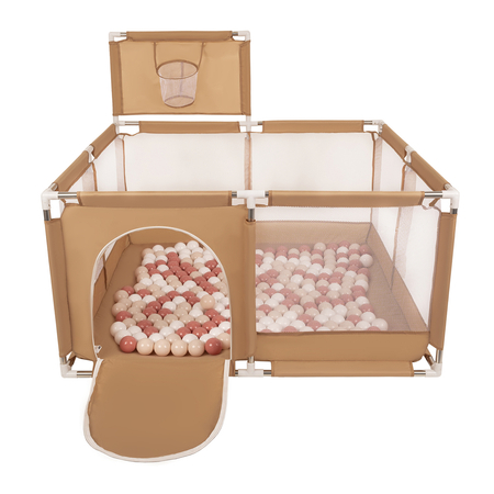 square play pen filled with plastic balls basketball, Beige: Pastel Beige/  Salmon Pink/ White