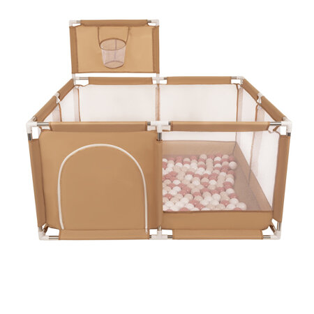 square play pen filled with plastic balls basketball, Beige: Pastel Beige/  Salmon Pink/ White