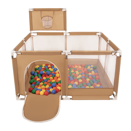 square play pen filled with plastic balls basketball, Beige: Yellow/ Green/ Blue/ Red/ Orange