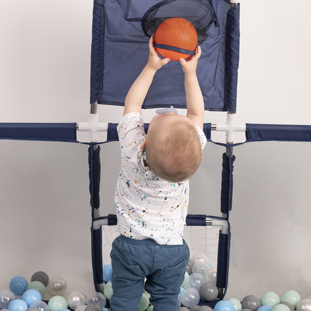 square play pen filled with plastic balls basketball, Blue: Grey/ White/ Turquoise