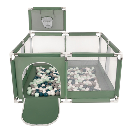 square play pen filled with plastic balls basketball, Green: Dark Turquoise/ Grey/ White/ Mint