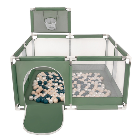 square play pen filled with plastic balls basketball, Green: Dark Turquoise/ Pastel Beige/ Pearl
