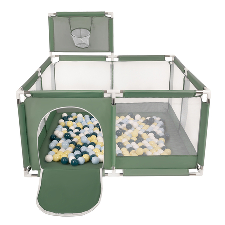 square play pen filled with plastic balls basketball, Green: Dark Turquoise/ Pastel Blue/ Pastel Yellow/ White