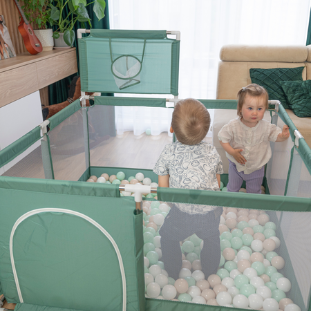 square play pen filled with plastic balls basketball, Green: Dark Turquoise/ Pastel Blue/ Pastel Yellow/ White