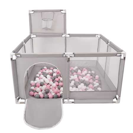 square play pen filled with plastic balls basketball, Grey: White/ Grey/ Powder Pink