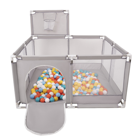 square play pen filled with plastic balls basketball, Grey: White/ Yellow/ Orange/ Babyblue/ Turquoise