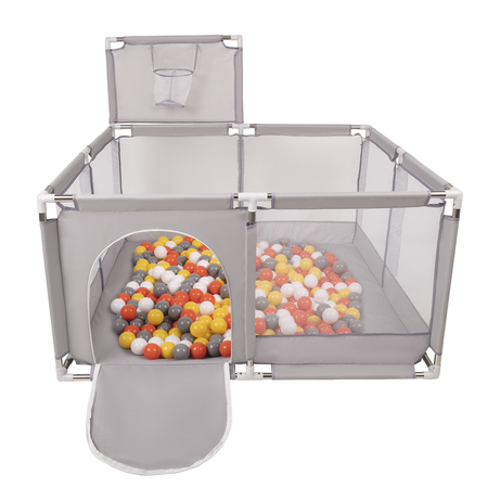 square play pen filled with plastic balls basketball, Grey: Yellow/ White/ Grey/ Orange