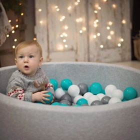 KiddyMoon Baby Foam Ball Pit 90x40 with Balls 7cm/ 2.75in Certified, Light Grey: Grey/ White/ Turquoise