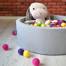 KiddyMoon Baby Foam Ball Pit with Balls 7cm /  2.75in Square, Light Grey: L Green/ Yellow/ Turq/ Orange/ Dpink/ Purple