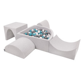 KiddyMoon Foam Playground for Kids with Quarter Angular Ballpit and Balls, Lightgrey: Grey/ White/ Turquoise