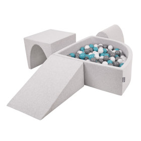 KiddyMoon Foam Playground for Kids with Quarter Angular Ballpit and Balls, Lightgrey: Grey/ White/ Turquoise