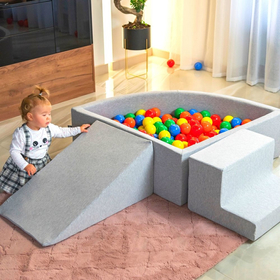 KiddyMoon Foam Playground for Kids with Quarter Angular Ballpit and Balls, Lightgrey: Pearl/ Grey/ Transparent/ Powderpink