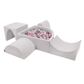 KiddyMoon Foam Playground for Kids with Quarter Angular Ballpit and Balls, Lightgrey: Pearl/ Grey/ Transparent/ Powderpink