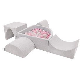 KiddyMoon Foam Playground for Kids with Quarter Angular Ballpit and Balls, Lightgrey: Powderpink/ Pearl/ Transparent