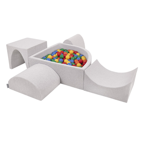 KiddyMoon Foam Playground for Kids with Quarter Angular Ballpit and Balls, Lightgrey: Yellow/ Green/ Blue/ Red/ Orange