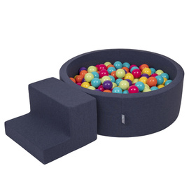 KiddyMoon Foam Playground for Kids with Round Ballpit (200 Balls ∅ 7cm/2.75In) Soft Obstacles Course and Ball Pool, Certified Made In The EU, darkblue:lgreen/yellow/turquoi/orange/dpink/purple, Ballpit (200 Balls) + Steps