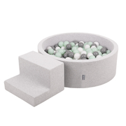 KiddyMoon Foam Playground for Kids with Round Ballpit (200 Balls ∅ 7cm/2.75In) Soft Obstacles Course and Ball Pool, Certified Made In The EU, lightgrey:white/grey/mint, Ballpit (100 Balls) + Steps