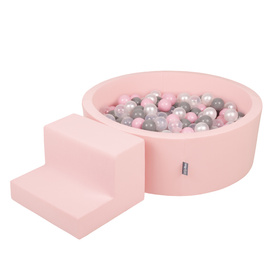 KiddyMoon Foam Playground for Kids with Round Ballpit (200 Balls ∅ 7cm/2.75In) Soft Obstacles Course and Ball Pool, Certified Made In The EU, pink:pearl/grey/transparent/powder pink, Ballpit (100 Balls) + Steps