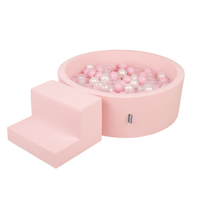 KiddyMoon Foam Playground for Kids with Round Ballpit (200 Balls ∅ 7cm/2.75In) Soft Obstacles Course and Ball Pool, Certified Made In The EU, pink:powder pink/pearl/transparent, Ballpit (100 Balls) + Steps