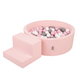 KiddyMoon Foam Playground for Kids with Round Ballpit (200 Balls ∅ 7cm/2.75In) Soft Obstacles Course and Ball Pool, Certified Made In The EU, pink:white/grey/powder pink, Ballpit (100 Balls) + Steps