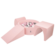 KiddyMoon Foam Playground for Kids with Round Ballpit (Balls ∅ 7cm/2.75In) Soft Obstacles Course and Ball Pool, Made In EU, pink:white/grey/powder pink, Ballpit (300 Balls) + Version 2