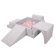 KiddyMoon Foam Playground for Kids with Square Ballpit ( ∅ 7cm/2.75In) Soft Obstacles Course and Ball Pool, Certified Made In The EU, lightgrey:powderpink/pearl/transparent, Ballpit (200 Balls) + Version 3