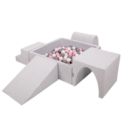 KiddyMoon Foam Playground for Kids with Square Ballpit ( ∅ 7cm/2.75In) Soft Obstacles Course and Ball Pool, Certified Made In The EU, lightgrey:white/grey/powderpink, Ballpit (200 Balls) + Version 3