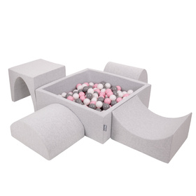 KiddyMoon Foam Playground for Kids with Square Ballpit ( ∅ 7cm/2.75In) Soft Obstacles Course and Ball Pool, Certified Made In The EU, lightgrey:white/grey/powderpink, Ballpit (300 Balls) + Version 1