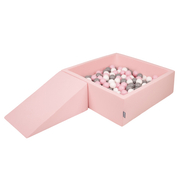 KiddyMoon Foam Playground for Kids with Square Ballpit ( ∅ 7cm/2.75In) Soft Obstacles Course and Ball Pool, Certified Made In The EU, pink:white/grey/powder pink, Ballpit (100 Balls) + Wedge