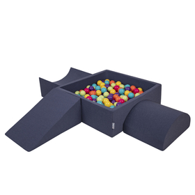 KiddyMoon Foam Playground for Kids with Square Ballpit and Balls, Darkblue: Lgreen/ Yellow/ Turquoi/ Orange/ Dpink/ Purple