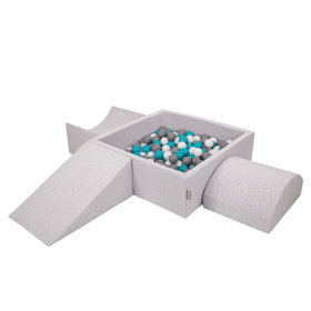 KiddyMoon Foam Playground for Kids with Square Ballpit and Balls, Lightgrey: Grey/ White/ Turquoise