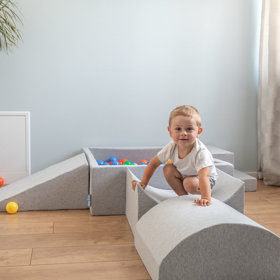 KiddyMoon Foam Playground for Kids with Square Ballpit and Balls, Lightgrey: Grey/ White/ Turquoise