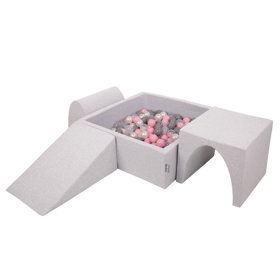 KiddyMoon Foam Playground for Kids with Square Ballpit and Balls, Lightgrey: Pearl/ Grey/ Transparent/ Powderpink