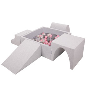 KiddyMoon Foam Playground for Kids with Square Ballpit and Balls, Lightgrey: Pearl/ Grey/ Transparent/ Powderpink